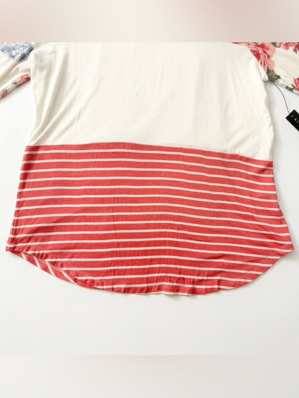 Absolutely Famous Cream Top with Coral Floral Sleeves & Stripe Hem - Picture 4 of 10